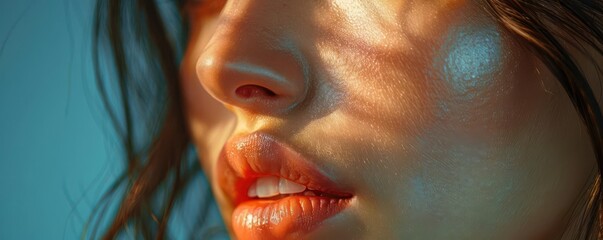 Close-up portrait of a woman's face, showing detail of her lips and skin.