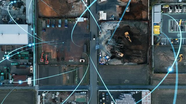 Composited image of drone aerial view of construction site  and communication network concept.