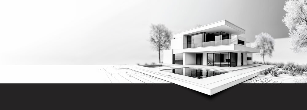 plan 3D avec cotations d'une maison contemporaine - format banni&egrave;re web