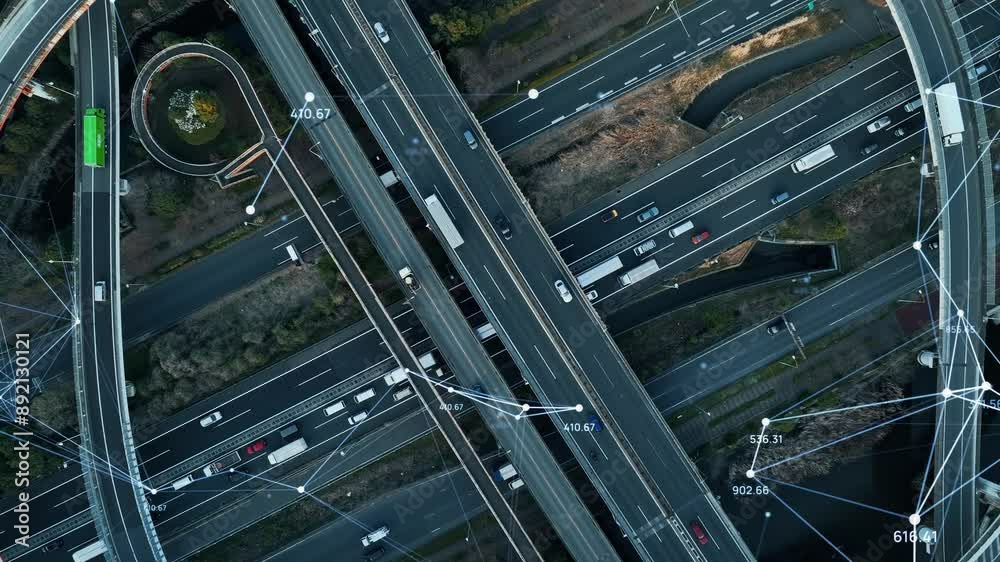 Poster Composited image of drone aerial view of modern highway with cars running and communication network concept.