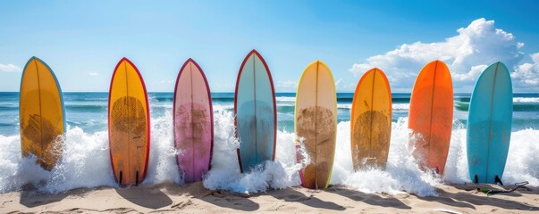 Surfboards lined up on a sandy beach, waves crashing, sunny summer day, surfers paradise, vibrant beach life, copy space.