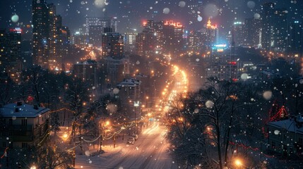 Fototapeta premium Nighttime cityscape in winter, twinkling lights, snowy streets, festive atmosphere, urban winter night, city lights, copy space.