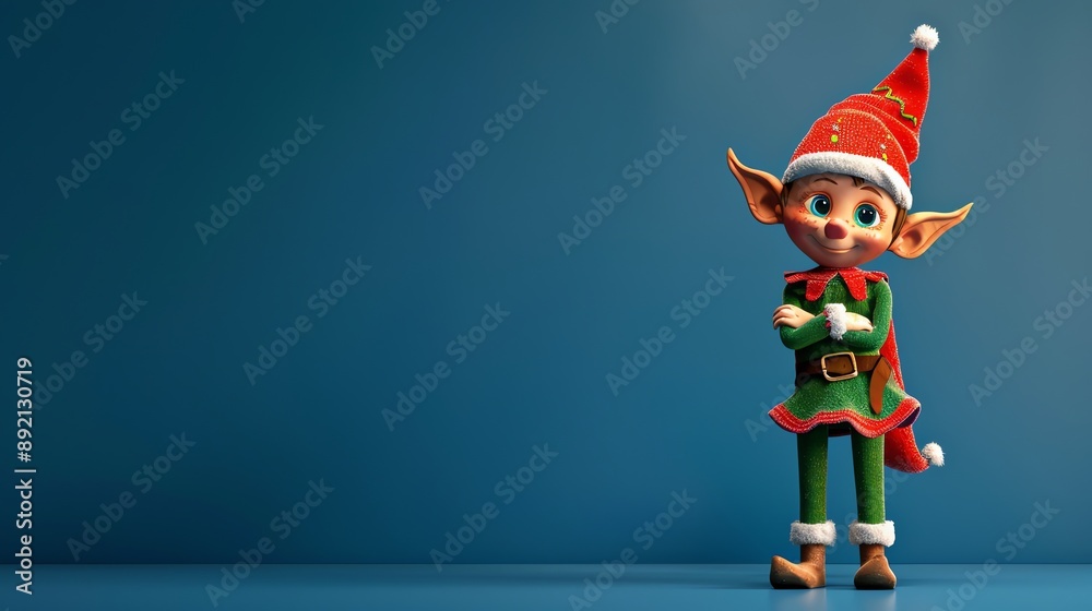 Poster A 3d cartoon Christmas elf on a blue background.