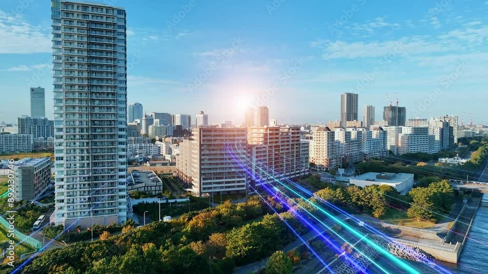 Aufkleber composited image of drone aerial view of modern city and a path of light leading to the future.