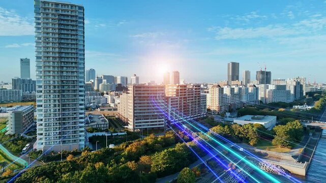 Composited image of drone aerial view of modern city and a path of light leading to the future.
