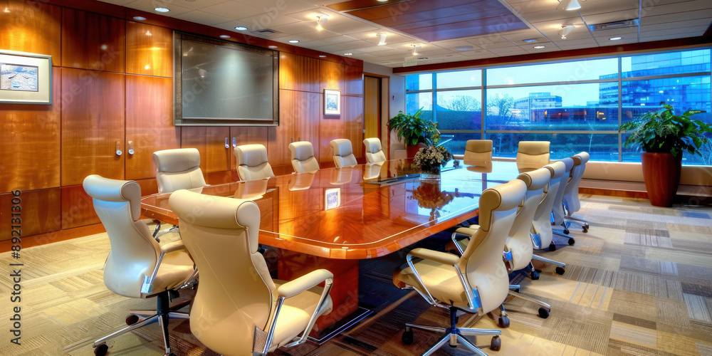 Poster Modern Empty Boardroom Setting with Large Conference Table and Chairs