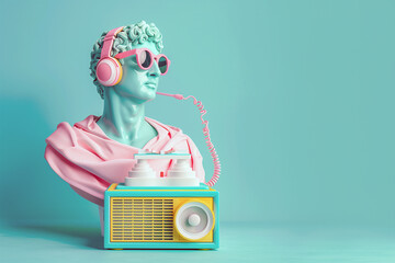 male marble greek sculpture wearing retro headphones and vintage radio in pastel colors