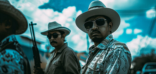 A man in a hat and sunglasses is holding a gun