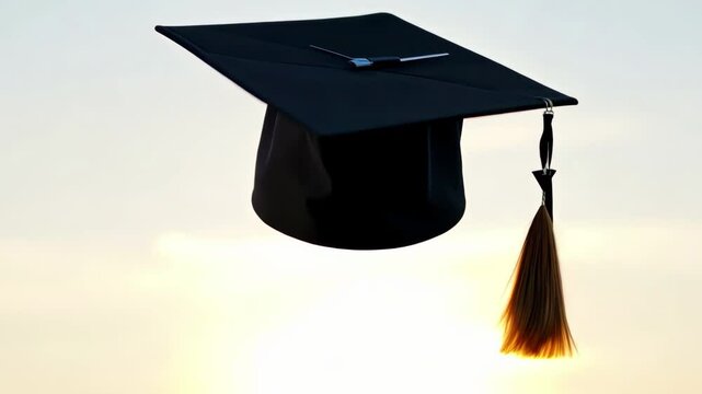 Students graduated high school, college, university, received bachelor's degree. Graduation, schoolchild throw black academic cap into air. Silhouette of hat flying at sunset, educational institution.