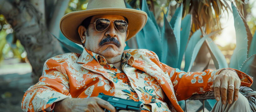 A man in a hat and sunglasses is holding a gun