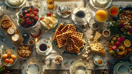 breakfast table full of various dishes. Belgian waffles, jam, nuts, fresh juice, sliced fruits, cheese platter, and a pot of hot coffee on breakfast table