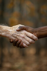 Fototapeta premium Intergenerational handshake portraying harmony across ages and ethnicities, perfect for a book cover design.