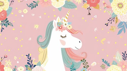 Unicorn with Flower Crown on Pink Background, Illustration, Digital Art, Cute, Fantasy