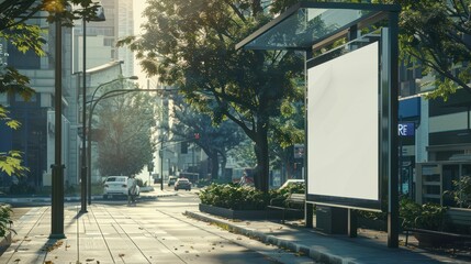 A blank advertising billboard placeholder template on the city street an empty mock up of an outdoor poster on a paved tram stop a white vertical mockup of an urban banner on the bus stop