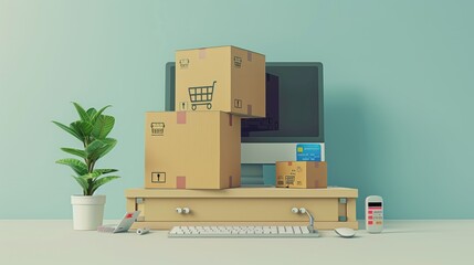 A computer with two cardboard boxes on top, each with icons for an online shopping cart and credit card placed next to them, representing ecommerce advertising images.
