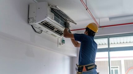 Skilled Technician Expertly Installing Cassette Air Conditioner System in Commercial Building