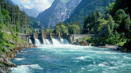 Fototapeta premium Sustainable Energy Generation: Hydropower Plant Harnessing River's Flow