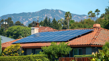 Fototapeta premium Eco-Friendly Homeowners Installing Solar Panels on Rooftop for Renewable Energy Generation