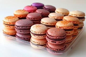 Assorted colorful macarons neatly arranged in a plastic container, showcasing their vibrant colors and delicate texture against a white background.