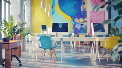 Digital advertising campaign management, high-tech workspace, creative visuals, innovative strategies, vibrant atmosphere