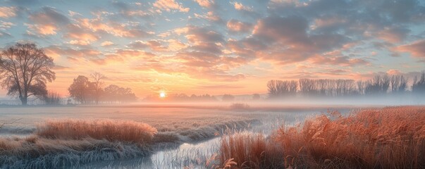 Meadow at dawn with mist rising, soft pastel colors, tranquil and serene atmosphere, perfect for landscape and nature photography promotions, copy space.