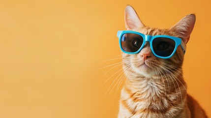 Closeup portrait of funny ginger cat wearing blue sunglasses isolated on light orange background