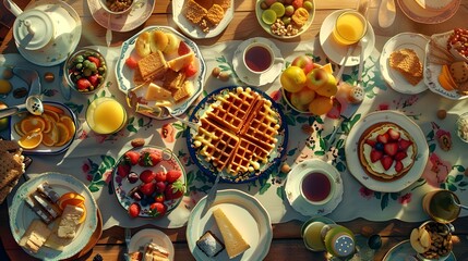 breakfast table full of various dishes. Belgian waffles, jam, nuts, fresh juice, sliced fruits, cheese platter, and a pot of hot coffee on breakfast table