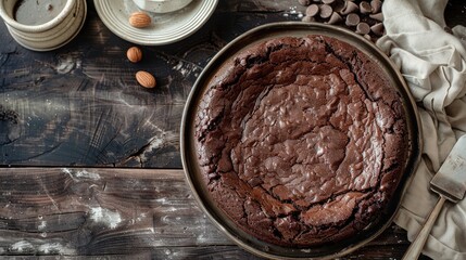 Vanilla filled chocolate brownie cake on a porcelain dish