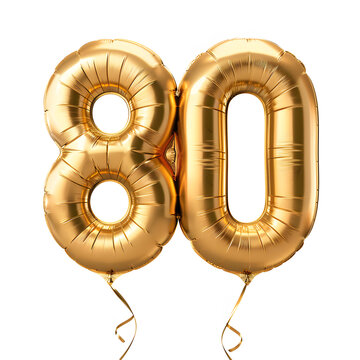 Number "80" foil golden balloon isolated on white background
