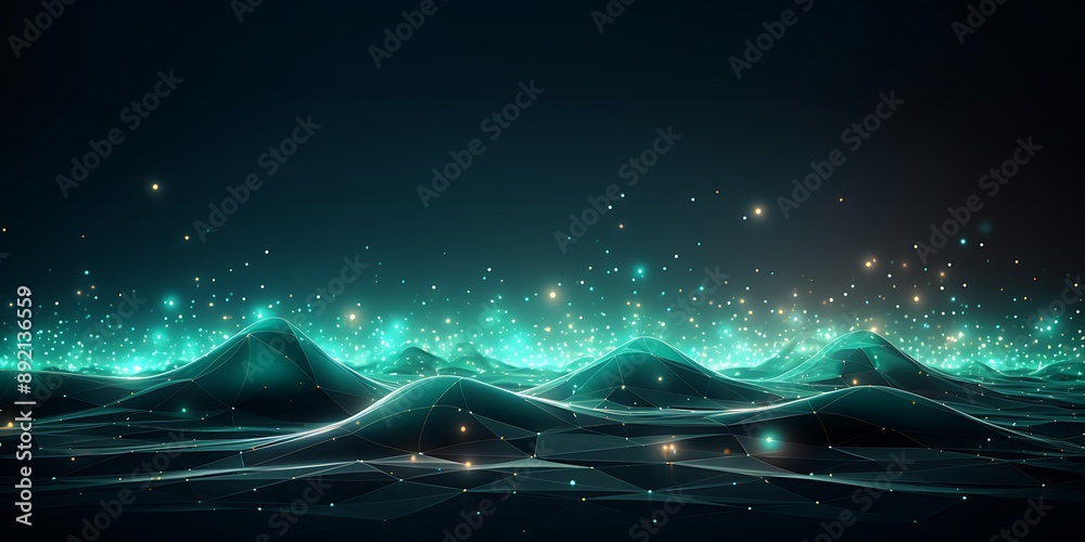 Fototapete Background with light lines and dots in the shape of waves. A background with a technology style and vector graphics. Network connections are in the top right corner with a futuristic design.