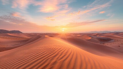 Sand dunes stretching into the distance, sunset creating a warm glow, tranquil and expansive, ideal for travel and nature-themed imagery, copy space.