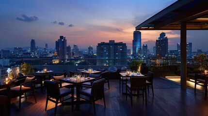 Serene Rooftop Dining: City Views at Dusk