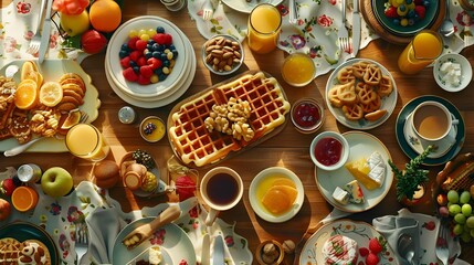 breakfast table full of various dishes. Belgian waffles, jam, nuts, fresh juice, sliced fruits, cheese platter, and a pot of hot coffee on breakfast table
