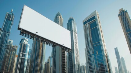 Obraz premium Mock up of blank horizontal white advertising billboard in Dubai with residential and office modern contemporary skyscrapers and sky behind : Generative AI