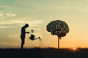 Naklejka premium Nurturing Growth: Man Watering a Plant Shaped Like a Brain at Sunset