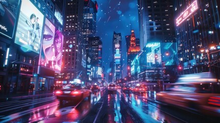 Obraz premium Perspective view of an advertising banner on a city night street, layout. Modern billboard. Tall skyscrapers sparkling with neon lights, cars moving in slow motion.