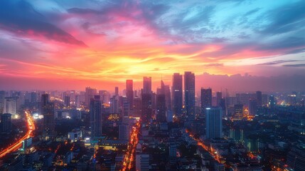 Modern cityscape at dusk, colorful sunset transitioning to city lights, dynamic and vibrant, ideal for urban and twilight visuals, copy space.