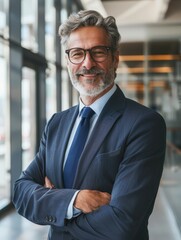 Fototapeta premium portrait of successful senior businessman consultant looking at camera and smiling inside modern office building