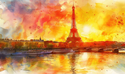 Watercolor The main attraction of Paris and all of Europe is the Eiffel tower in the rays of the setting sun on the bank of Seine river