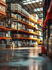 Obraz premium Retail warehouse full of shelves with goods in cartons, with pallets and forklifts. Logistics and transportation blurred background. Product distribution center.