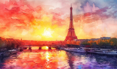 Watercolor The main attraction of Paris and all of Europe is the Eiffel tower in the rays of the setting sun on the bank of Seine river
