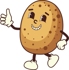 Abstract funny illustration of a walking cartoon potato. Illustration of cute potato mascot, retro cartoon expression.