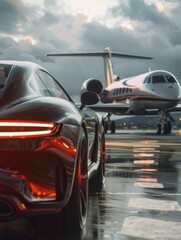 Super car and private jet on landing strip. Business class service at the airport. Business class transfer. Airport shuttle. digital ai