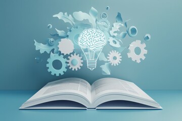 Open Book with a Brain in a Light Bulb and Cogs