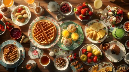 breakfast table full of various dishes. Belgian waffles, jam, nuts, fresh juice, sliced fruits, cheese platter, and a pot of hot coffee on breakfast table