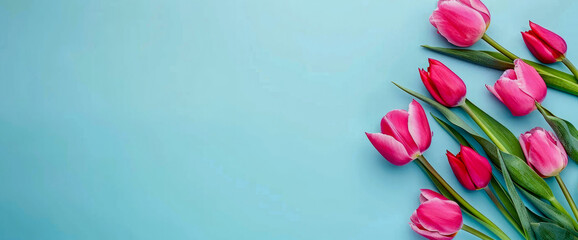 Tulips on blue background. Women holiday or mothers day. Happiness gift