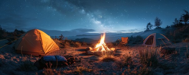 Campfire at a remote wilderness campsite, tents and backpacks nearby, starry night sky, warm and cozy atmosphere, perfect for outdoor adventure promotions, copy space.