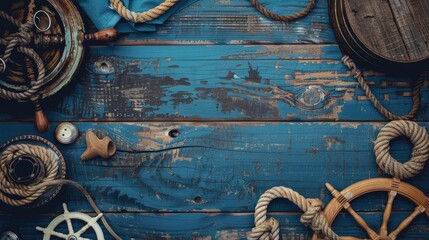 Vintage nautical items on wooden backdrop Grungy retro picture with space for text © The 2R Artificiality