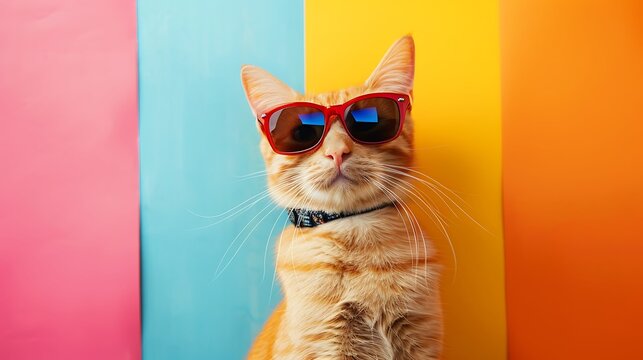 Cute ginger cat in stylish sunglasses isolated on colorful background