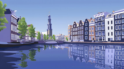 Creative art aesthetics poster or postcard for Amsterdam city, Netherlands. Artistic, stylistic, screen printing, stencil, graphic design.